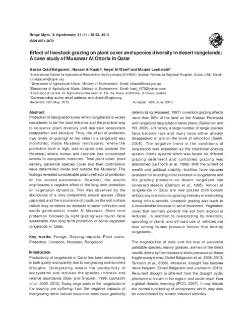 Effect of livestock grazing on plant cover and species diversity in desert rangelands: A case study of Musawar Al Ottoria in Qatar