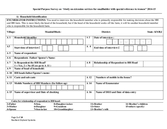 Special Purpose Survey on “Study on extension services for smallholder with special reference to women” 2014-15 - Survey Protocol