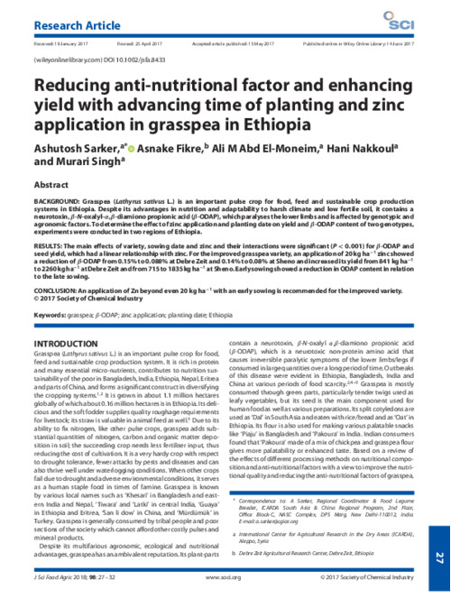 Reducing anti-nutritional factor and enhancing yield with advancing time of planting and zinc application in grasspea in Ethiopia