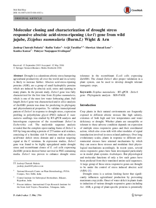 Molecular cloning and characterization of drought stress responsive abscisic acid-stress-ripening (Asr1) gene from wild jujube, Ziziphus nummularia (Burm.f.) Wight & Arn