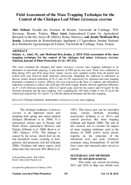 Field Assessment of the Mass Trapping Technique for the Control of the Chickpea Leaf Miner Liriomyza cicerina