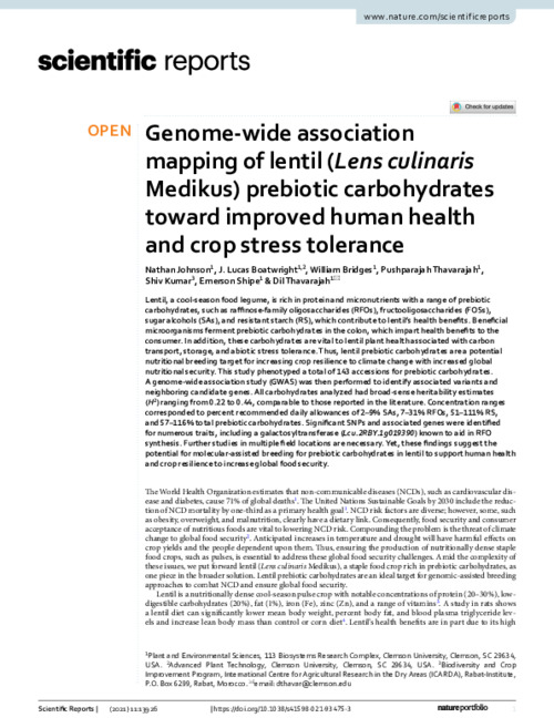 Genome-wide association mapping of lentil (Lens culinaris Medikus) prebiotic carbohydrates toward improved human health and crop stress tolerance