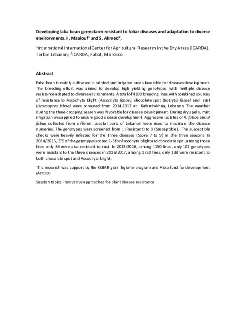 Developing faba bean germplasm resistant to foliar diseases and adaptation to diverse environments