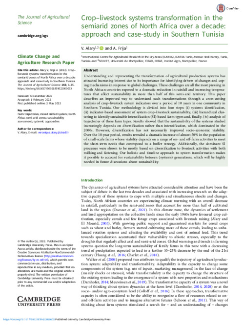 Crop–livestock systems transformation in the semiarid zones of North Africa over a decade: approach and case-study in Southern Tunisia