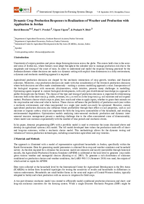 Dynamic Crop Production Responses to Realizations of Weather and Production with Application in Jordan