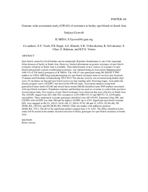 Genome wide association study (GWAS) of resistance to barley spot blotch in South Asia