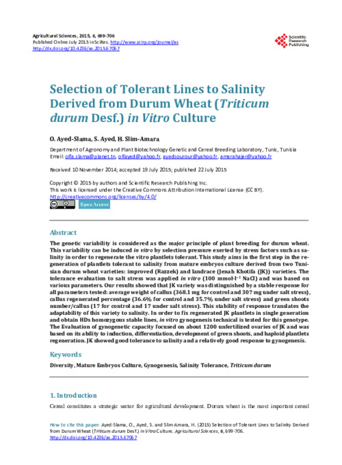 Selection of Tolerant Lines to Salinity Derived from Durum Wheat (Triticum durum Desf.) in Vitro Culture