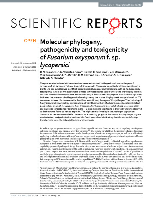 Molecular phylogeny, pathogenicity and toxigenicity of Fusarium oxysporum f. sp. lycopersici