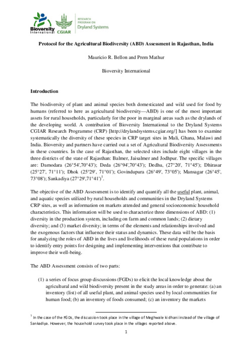 Rajasthan Diet Diversity and Food Security for Agricultural Biodiversity Assessment