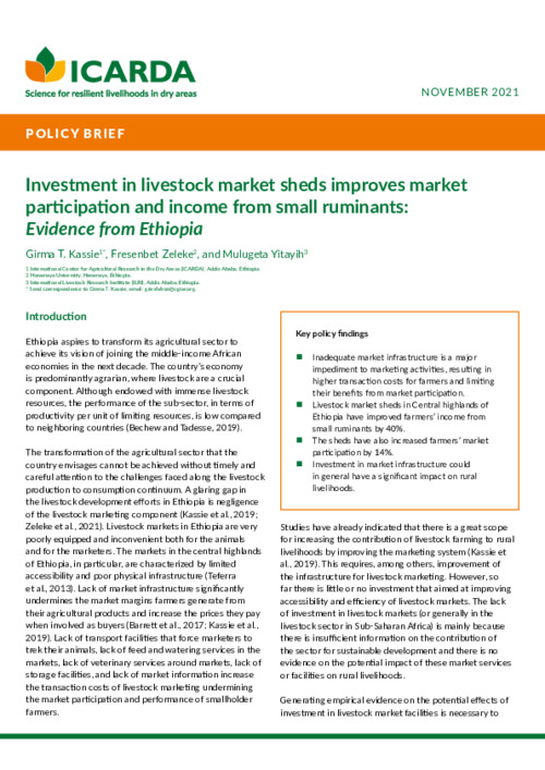 Investment in livestock market sheds improves market participation and income from small ruminants: Evidence from Ethiopia