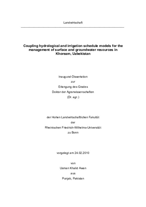Coupling hydrological and irrigation schedule models for the management of surface and groundwater resources in Khorezm, Uzbekistan