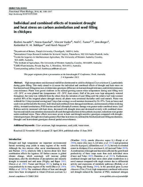 Individual and combined effects of transient drought and heat stress on carbon assimilation and seed filling in chickpea