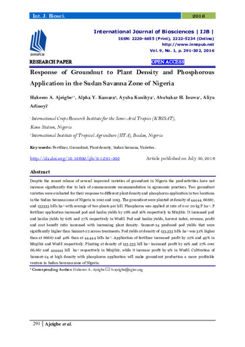 Response of groundnut to plant density and phosphorous application in the Sudan savanna zone of Nigeria