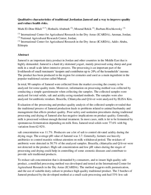 Qualitative characteristics of traditional Jordanian Jameed and a way to improve quality and reduce health risks