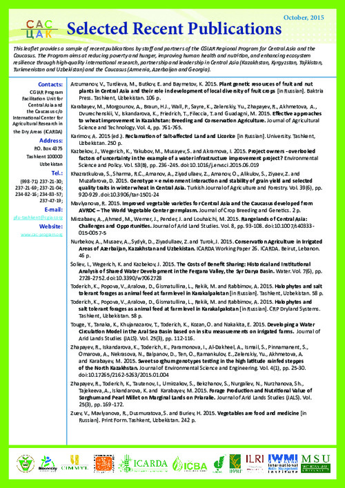 CGIAR Program Facilitation Unit for Central Asia and the Caucasus - Selected Recent Publications October 2015