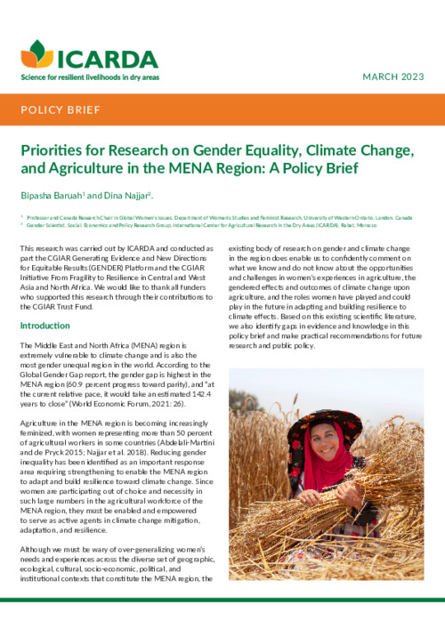 Priorities for Research on Gender Equality, Climate Change, and Agriculture in the MENA Region: A Policy Brief
