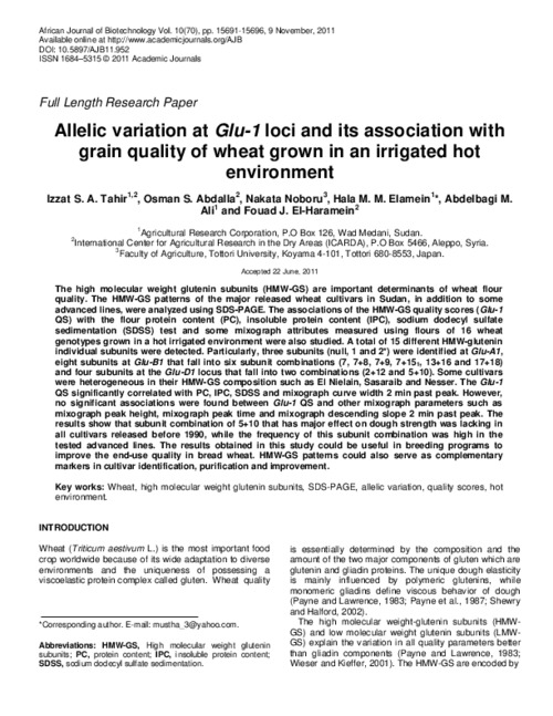 Allelic variation at Glu-1 loci and its association with grain quality of wheat grown in an irrigated hot environment