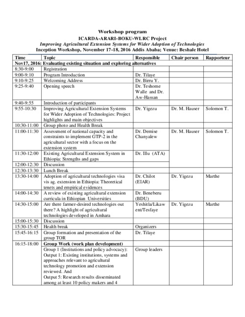 Improving Agricultural Extension Systems for Wider Adoption of Technologies inception workshop agenda