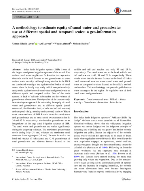 A methodology to estimate equity of canal water and groundwater use at different spatial and temporal scales: a geo-informatics approach