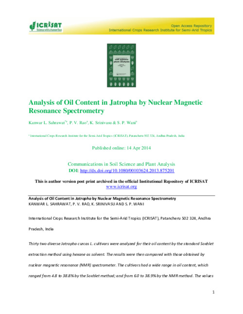 Analysis of Oil Content in Jatropha by Nuclear Magnetic Resonance Spectrometry