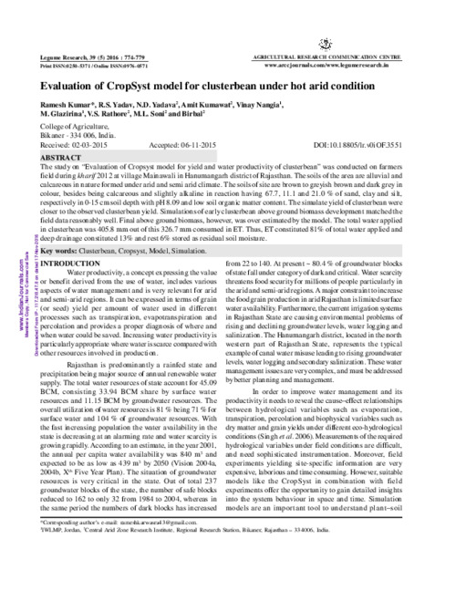 Evaluation of CropSyst model for clusterbean under hot arid condition