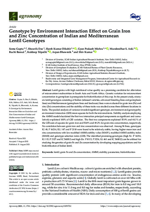 Genotype by Environment Interaction Effect on Grain Iron and Zinc Concentration of Indian and Mediterranean Lentil Genotypes