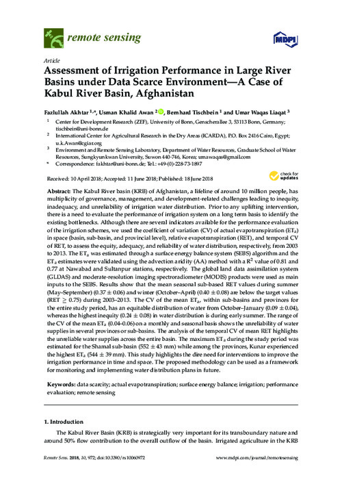 Assessment of Irrigation Performance in Large River Basins under Data Scarce Environment—A Case of Kabul River Basin, Afghanistan