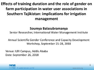 Effects of training duration and the role of gender on farm participation in water user associations in Southern Tajikistan: Implications for irrigation management