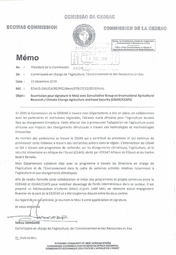 Memo: Soumission pour signature du MoU avec Consultative Group on International Agriculture Research / Climate Change Agriculture and Food Security (CGIAR / CCAFS)