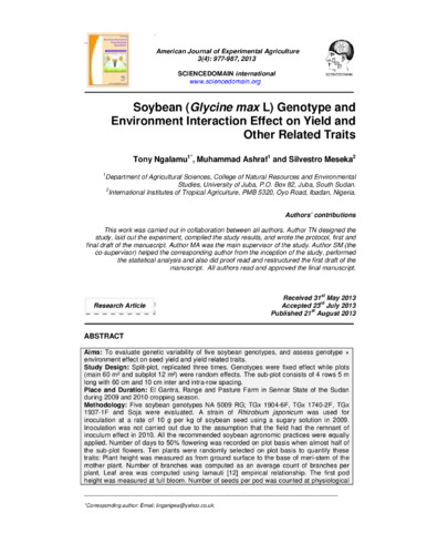 Soybean (Glycine max L) genotype and environment interaction effect on yield and other related traits