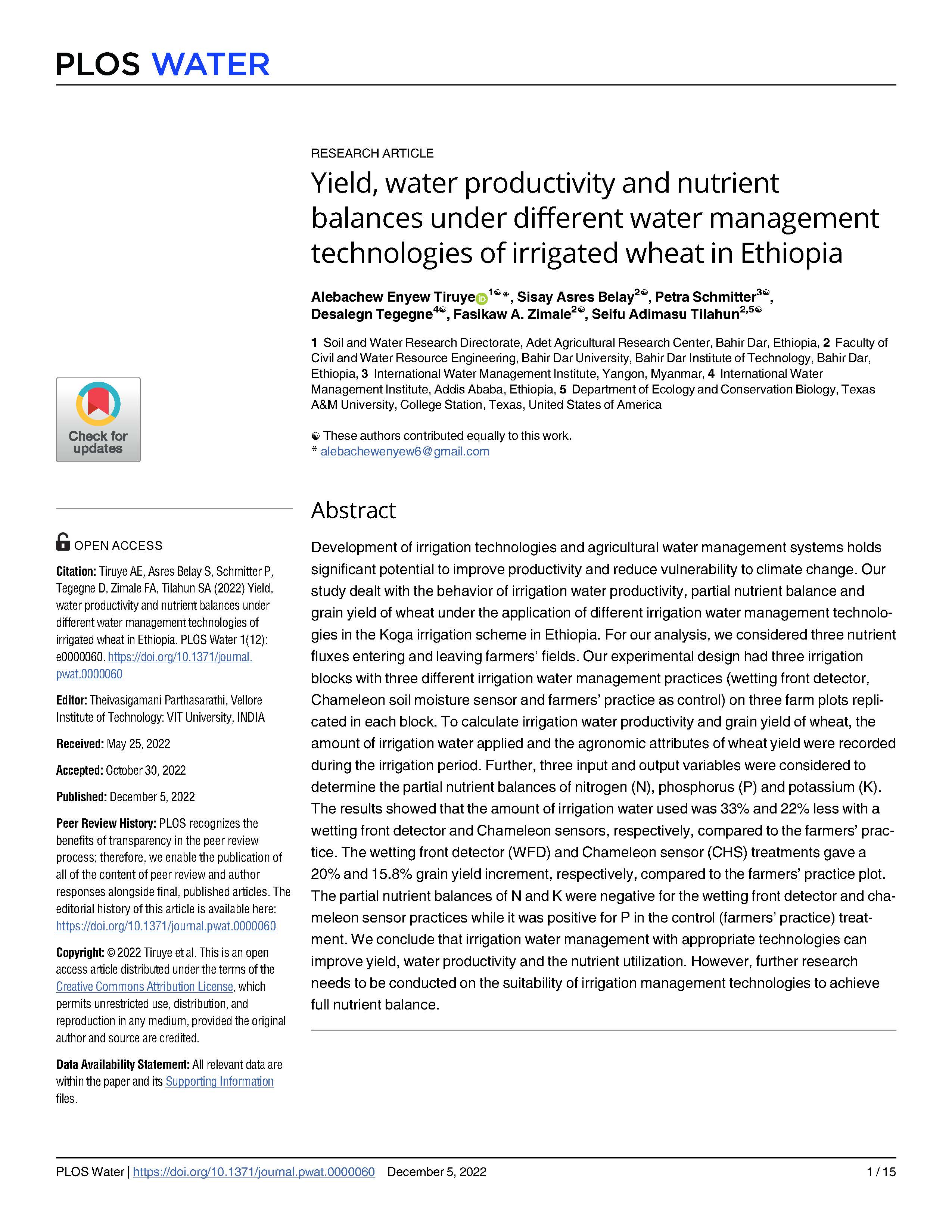 Yield, water productivity and nutrient balances under different water management technologies of irrigated wheat in Ethiopia