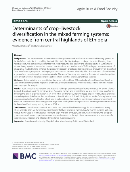 Determinants of crop–livestock diversification in the mixed farming systems: Evidence from central highlands of Ethiopia