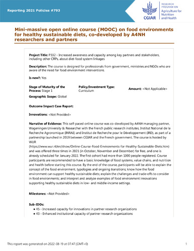 Mini-massive open online course (MOOC) on food environments for healthy sustainable diets, co-developed by A4NH researchers and partners