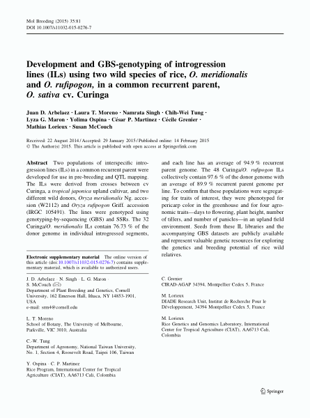 Development and GBS-genotyping of introgression lines (ILs) using two wild species of rice, O. meridionalis and O. rufipogon, in a common recurrent parent, O. sativa cv. Curinga