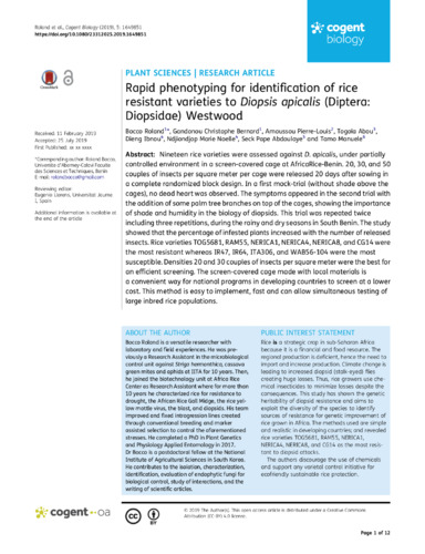 Rapid phenotyping for identification of rice resistant varieties to Diopsis apicalis (Diptera: Diopsidae) Westwood