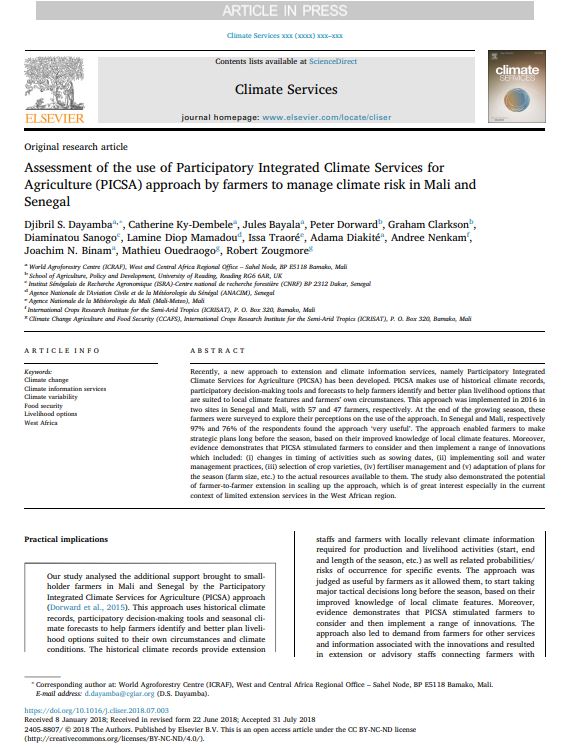 Assessment of the use of Participatory Integrated Climate Services for Agriculture (PICSA) approach by farmers to manage climate risk in Mali and Senegal