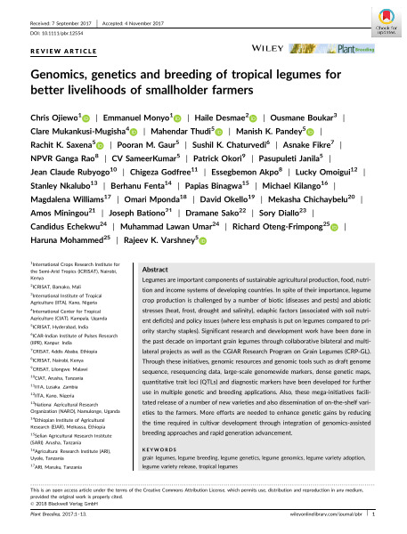 Genomics, genetics and breeding of tropical legumes for better livelihoods of smallholder farmers