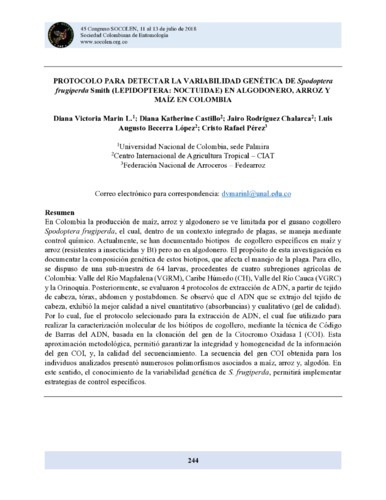 Protocolo para detectar la variabilidad genética de Spodoptera frugiperda smith (Lepidoptera: Noctuidae) en algodonero, arroz y maíz en Colombia