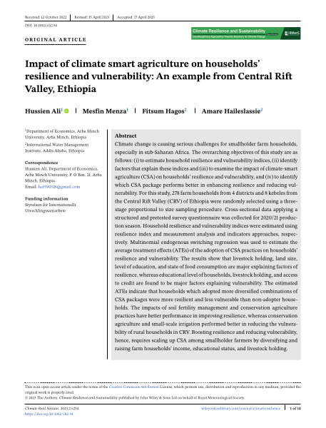 Impact of climate smart agriculture on households’ resilience and vulnerability: an example from Central Rift Valley, Ethiopia