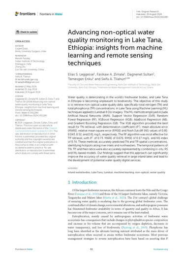 Advancing non-optical water quality monitoring in Lake Tana, Ethiopia: insights from machine learning and remote sensing techniques