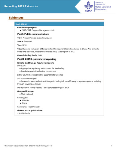 Outcome Evaluation Of Research For Development Work Conducted In Ghana And Sri Lanka Under The Resource, Recovery And Reuse (RRR) Subprogram of WLE