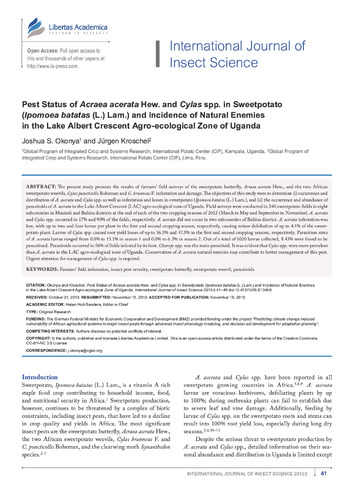 Pest Status of Acraea acerata Hew. and Cylas spp. in sweetpotato (Ipomoea batatas (L.) Lam.) and incidence of natural enemies in the Lake Albert Crescent agro-ecological zone of Uganda