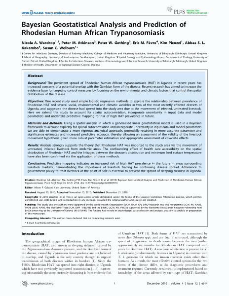 Bayesian geostatistical analysis and prediction of Rhodesian human African trypanosomiasis