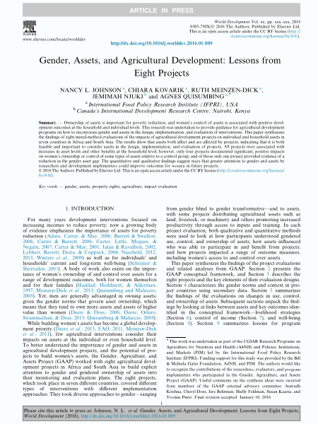 Gender, assets, and agricultural development: Lessons from eight projects