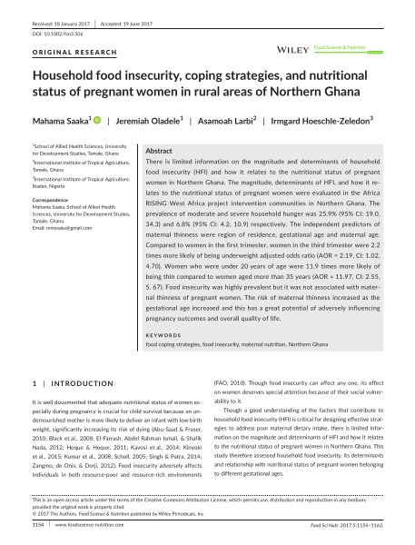 Household food insecurity, coping strategies, and nutritional status of pregnant women in rural areas of northern Ghana