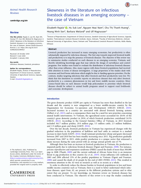 Skewness in the literature on infectious livestock diseases in an emerging economy - the case of Vietnam