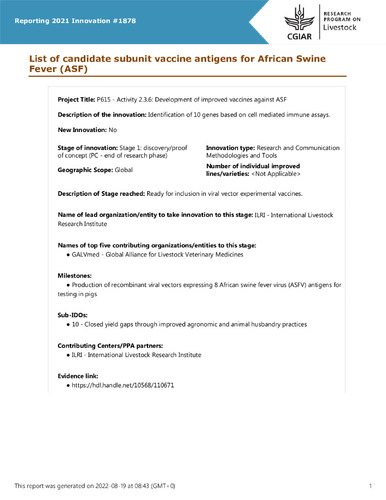 List of candidate subunit vaccine antigens for African Swine Fever (ASF)