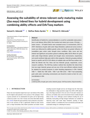 Assessing the suitability of stress tolerant early-maturing maize (Zea mays) inbred lines for hybrid development using combining ability effects and DArTseq markers