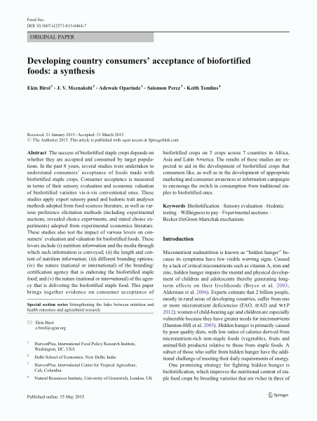 Developing country consumers’ acceptance of biofortified foods: a synthesis