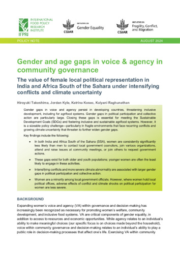 Gender and age gaps in voice & agency in community governance: The value of female local political representation in India and Africa South of the Sahara under intensifying conflicts and climate uncertainty